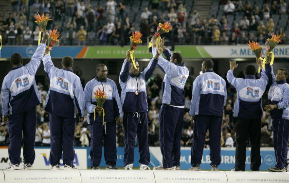 Fiji's rugby sevens team celebrate their bronze medal at the 2006 Commonwealth Games in Melbourne ©AFP/Getty Images