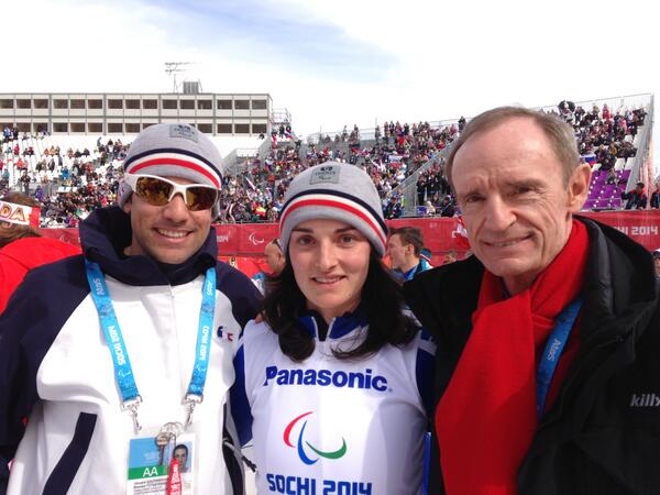 France's two medal winners, including standing champion Marie Bochet, pose with French skiing legend and Sochi 2014 Coordination Commission chairman Jean-Claude Killy ©Twitter