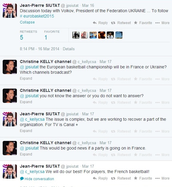 Fédération Française de Basketball President Jean-Pierre Siutat tweets about his interest in hosting EuroBasket 2015 ©Twitter