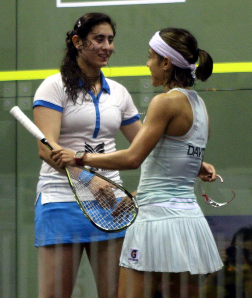 Nicol David congratulates her opponent Nour El Sherbini after her shock victory in the Women's World Squash Championship semi-final ©Getty Images