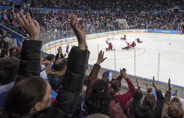 Russian fans celebrate reaching the final of the ice sledge hockey final ©Getty Images