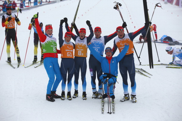 Russia celebrates its gold medal in the 4x2.5km mixed relay cross country race ©Getty Images