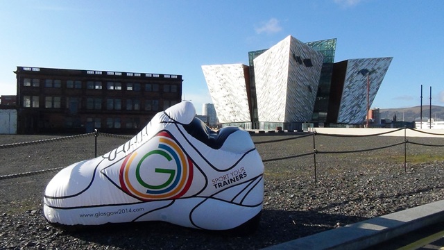 The Glasgow 2014 inflatable trainer sits outside the Titanic Museum in Belfast ©Glasgow 2014