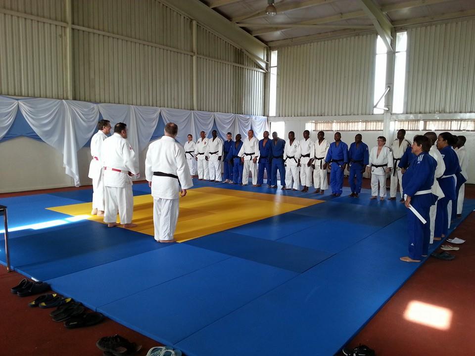 The delegates from each National Federation joined on the tatami by Robert Van de Walle, Alain Massart and Daniel Lascau on day two of the IJF Development Project ©ITG