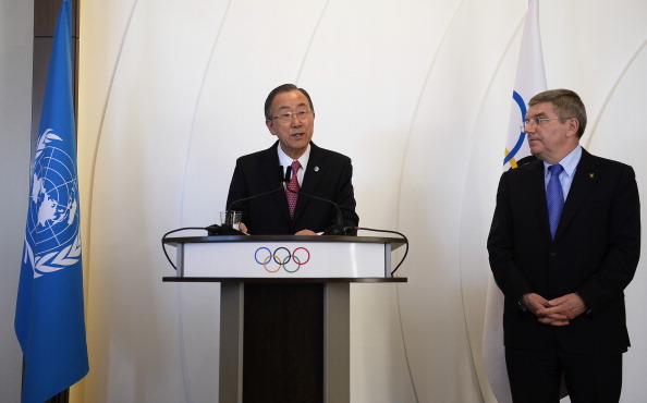 Thomas Bach, pictured alongside UN secretary general Ban Ki-moon at the IOC Session in Sochi, sees sustainability as one of the three key areas for the IOC to work on ©Getty Images