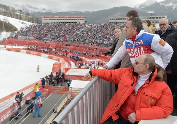 Vladimir Putin watches the super-G with Russia's Sports Minister Vitaly Mutko ©AFP/Ria Novosti/Getty Images