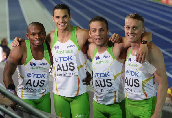 Anthony Alozie (left) with sprint relay team-mates Josh Ross (second left), Aaron Rouge-Serret (second right) and Matt Davies at the 2009 IAAF World Championships in Berlin ©Getty Images