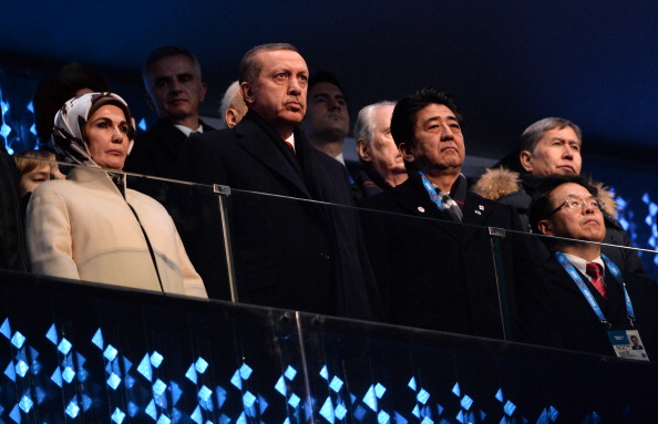 Leaders including Turkey's Prime Minister Recep Tayyip Erdoğan (second left) and Japan's Prime Minister Shinzō Abe (second right) watch the Sochi 2014 Winter Games Opening Ceremony ©Getty Images