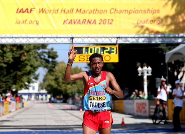 Zersenay Tadese of Eritrea regains his IAAF World Half Marathon title in Kavarna, Bulgaria in 2012 ©Getty Images