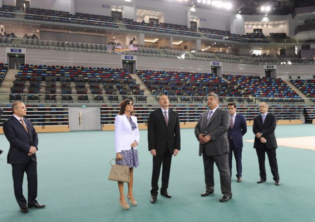 Azerbaijani President Ilham Aliyev and his wife Mehriban, the head of Baku 2015, inspect the new National Gymnastics Arena, along with Youth and Sports Minister Azad Rahimov ©Baku 2015
