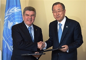IOC President Thomas Bach and UN Secretary-General Ban Ki-moon have promised to use sport to promote peace and equality ©AFP/Getty Images