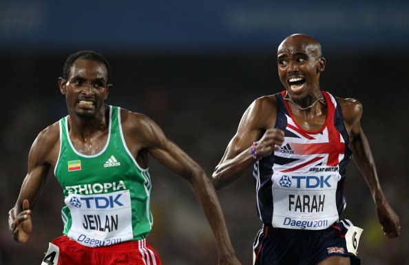 Ibrahim Jeilan (left) beat Mo Farah to gold in Daegu 2011 and will line up with him again for Sunday's marathon ©Getty Images