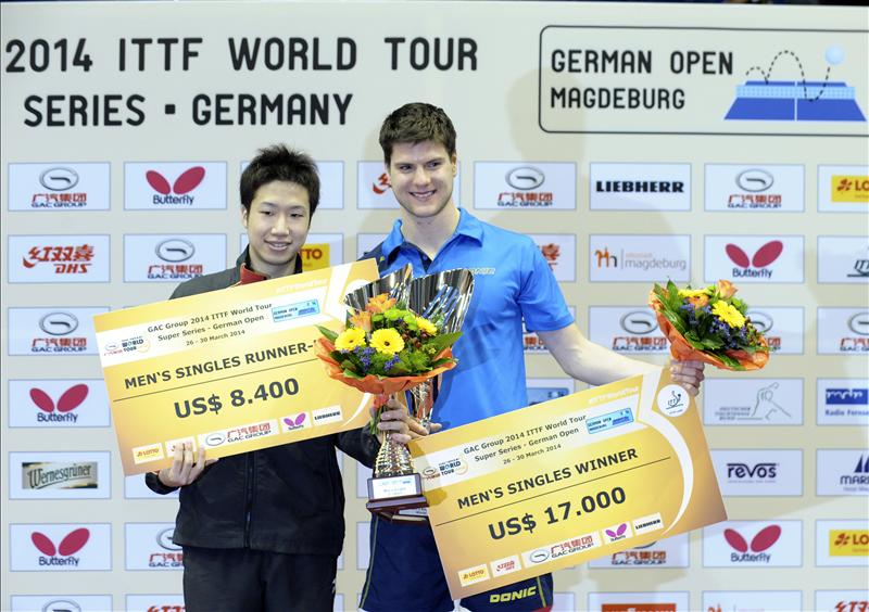 Local favourite Dimitrij Ovtcharov beat Japan's Jun Mizutani to seal the men's singles title to the delight of the 3,000-strong German crowd ©ITTF/Action Images Livepic 