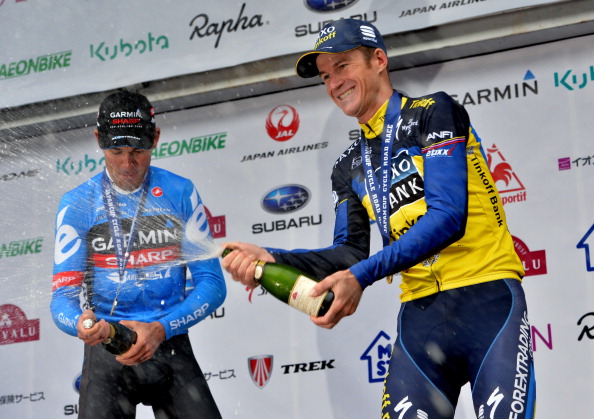 Michael Rogers celebrates on the podium after initially winning the Japan Cup last October ©AFP/Getty Images