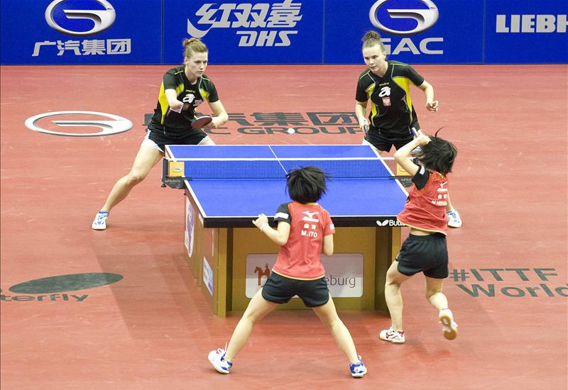 Miu Hirano and Mima Ito beat Polish pairing Katarzyna Grzybowska and Natalia Partyka in straight sets to secure the women's doubles crown at the German Open ©ITTF/Action Images Livepic 