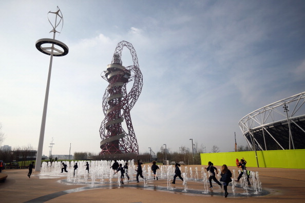 New water features sit in front of the iconic ArcelorMittal Orbit set to open on April 5 alongside the rest of the south of the Olympic Park ©Getty Images