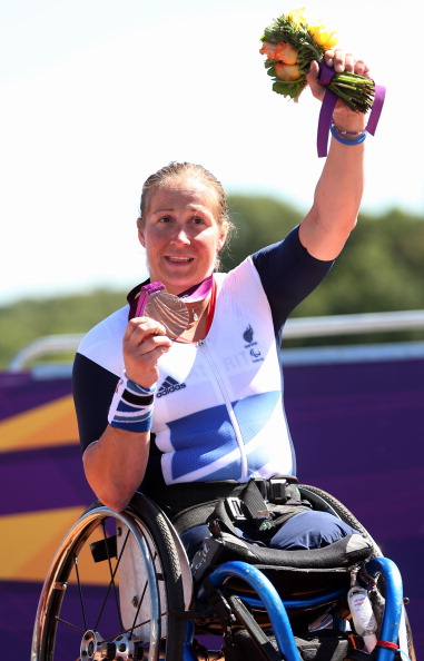 Rachel Morris celebrates her bronze medal in the road race at London 2012 ©Getty Images