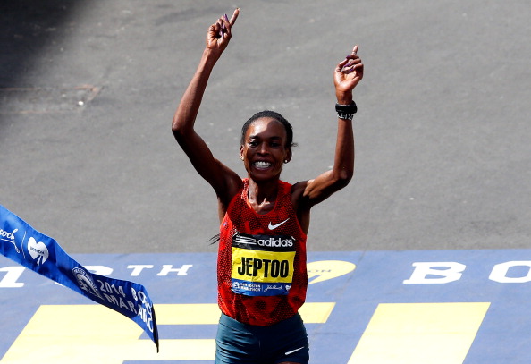 Rita Jeptoo successfully defended her Boston Marathon title one year on from the deadly bombing of 2013 ©AFP/Getty Images