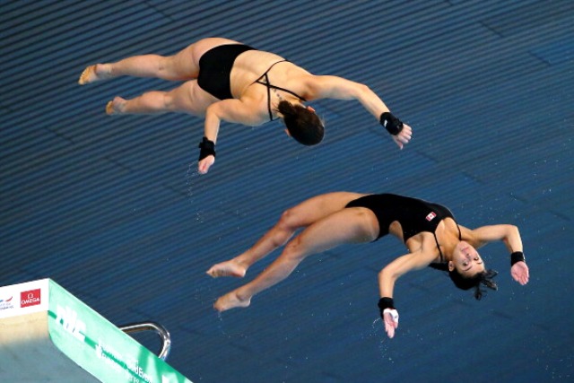 Roseline Filion and Meaghan Benfieto returned to the London Aquatics Centre to repeat their bronze medal finish from the Olympics ©Getty Images 
