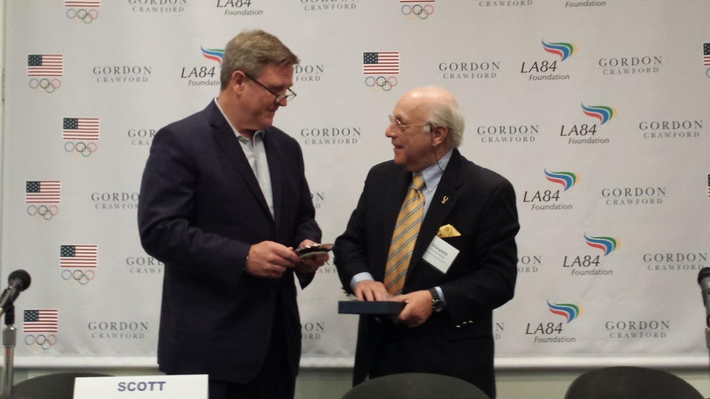 Scott Blackmun pictured talking to International Olympic Academy director Dionyssis Gangas at the 2014 US Olympic Academy ©USOC