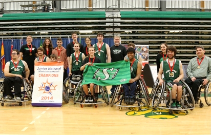 The victorious Saskatchewan squad celebrate their win over Quebec in the Canadian Junior Wheelchair Basketball Championships ©Wheelchair Basketball Canada