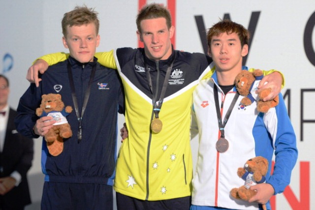 World champion Daniel Fox (centre) could be one of the stars of the pool at Glasgow 2014 ©Getty Images 