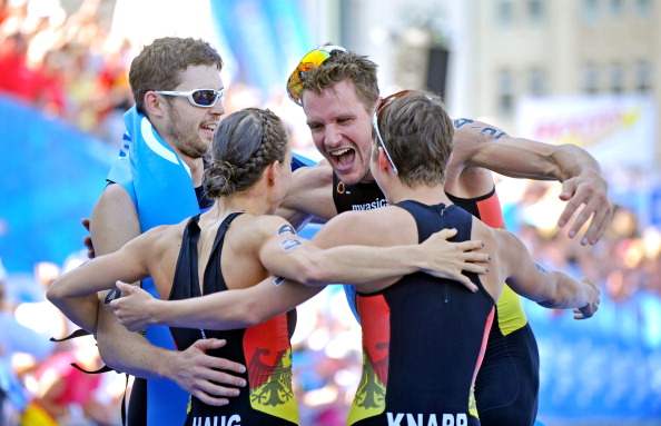 Germany celebrate after winning the World Mixed Team triathlon title in Hamburg last year ©ITU/Getty Images