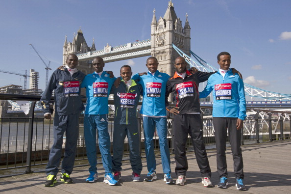 From left, Stephen Kiprotich, Emmanuel Mutai, Tsegaye Kebede, Geoffrey Mutai, Ibrahiim Jeilan and Tsegaye Mekonnen, who make up arguably the London Marathon's strongest ever field ©AFP/Getty Images