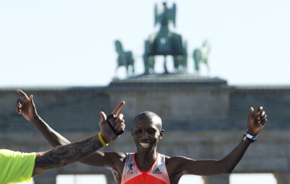 Kenya's Wilson Kipsang celebrates setting the world record in Berlin last year ©Getty Images