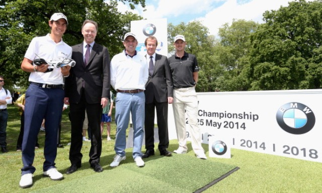 BMW PGA champion Matteo Manassero (far left), Ryder Cup captain Paul McGinley (centre) and US Open champion Justin Rose (far right) took part in a special three-hole competition in Hyde Park to mark the new partnership agreement ©Getty Images 