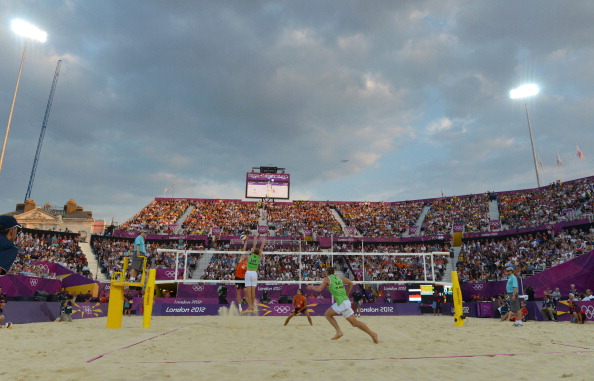 beach volleyball Horse Guards Parade Olympics 2012 Stock 