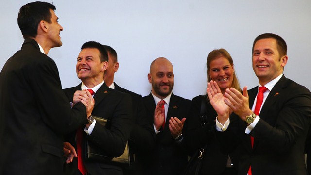 Members of Belgrade's delegation celebrate being awarded the 2017 European Athletics Indoor Championships in Frankfurt ©European Athletics