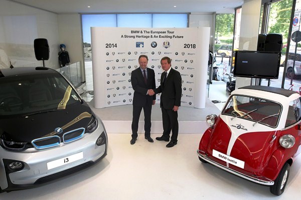 Dr Ian Robertson of BMW (left) and The European Tour's chief executive George OGrady shake hands on a new four-year partnership extension in London today ©Getty Images 