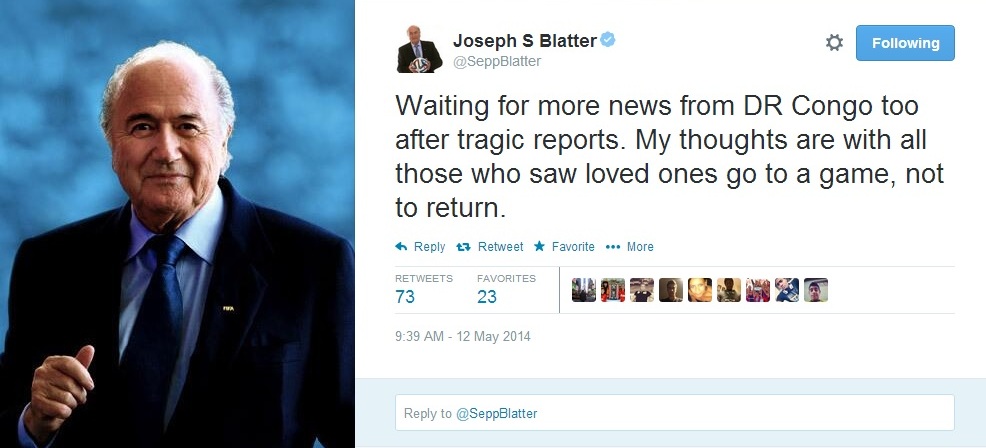 FIFA President Sepp Blatter took to Twitter to express his sympathy to those affected by the tragic incident ©Twitter