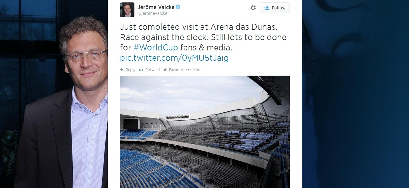 FIFA secretary general Jérôme Valcke said it was a "race against the clock" to ensure the Arena das Dunas is complete by the start of the World Cup ©Twitter