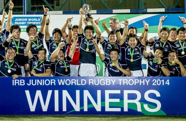 Japan celebrate winning the Junior World Rugby Trophy in Hong Kong earlier this month after defeating Tonga ©Getty Images 