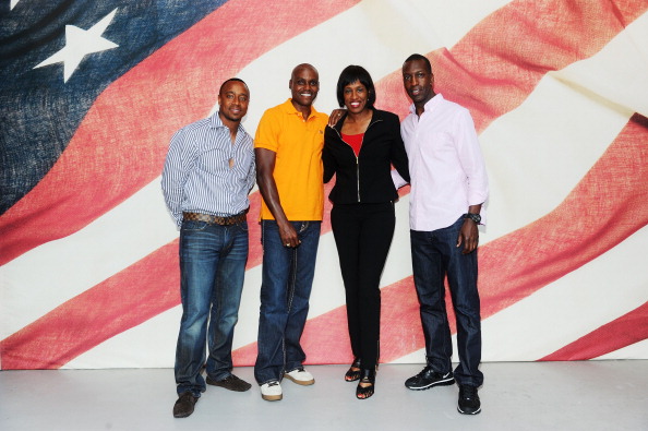 Jon Drummond (left) appeared alongside Carl Lewis, Jackie Joyner-Kersee and Michael Johnson before London 2012 to help launch the Team USA kit ©Nike/Getty Images