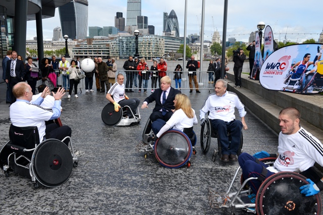 London Mayor Boris Johnson takes part in a game of wheelchair rugby at the launch of the 2015 World Wheelchair Rugby Challenge ©Leo Wilkinson/GBWR