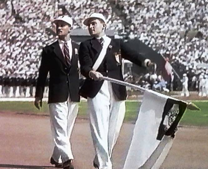 Nestor Jacono, pictured alongside Flagbearer Alfred Zammit Cutajar in the Opening Ceremony at Wembley Stadium, was the sole competitor to represent Malta at London 1948 ©Facebook