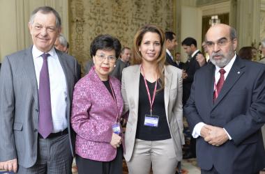 Princess Haya alongside OIE director general Bernard Vallat (left) and other representatives from major health organisations, during the meeting
