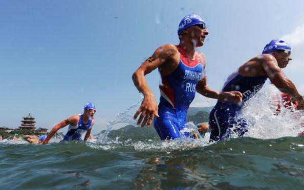 Tough conditions in the water saw the men's top five almost settled after just the swim as Alexander Bryukhankov stormed to victory in a Russian dominated race ©AFP/Getty Images