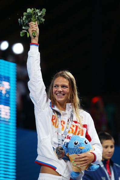 Yulia Efimova celebrates her 200m breaststroke gold medal at the 2013 FINA World Championships in Barcelona shortly before her failed test ©Getty Images