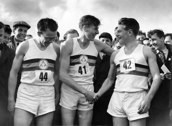 Three triumphant friends - from left, Brasher, Bannister, Chataway ©Hulton Archive/Getty Images