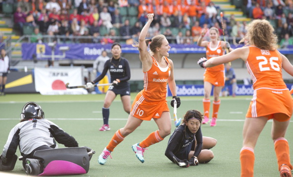 Kelly Jonkers celebrates scoring the first goal in the Netherlands' 3-0 win over Japan at the Hockey World Cup in The Hague ©AFP/Getty Images