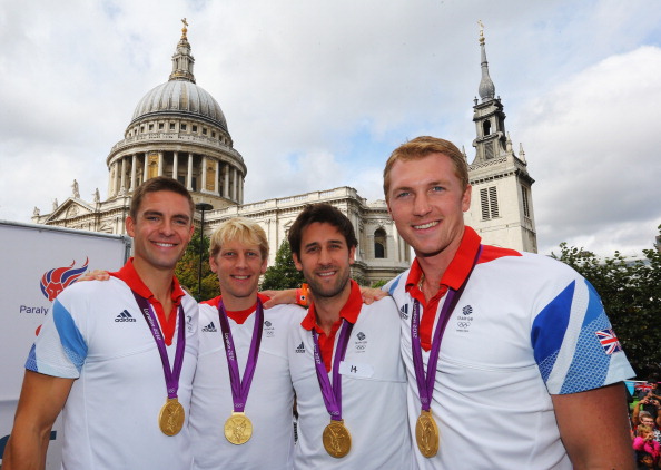 Britain's victorious London 2012 four - two of whom, Andy Triggs Hodge (second left) and Alex Gregory (right) are in the new four challenging for European gold in Belgrade ©Getty Images
