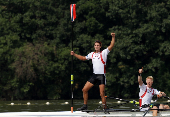 Norway's Nils Jakob Hoff and Kjetil Borch, pictured celebrating their men's double sculls world title last year, are also under pressure from a German crew in today's finals ©Getty Images