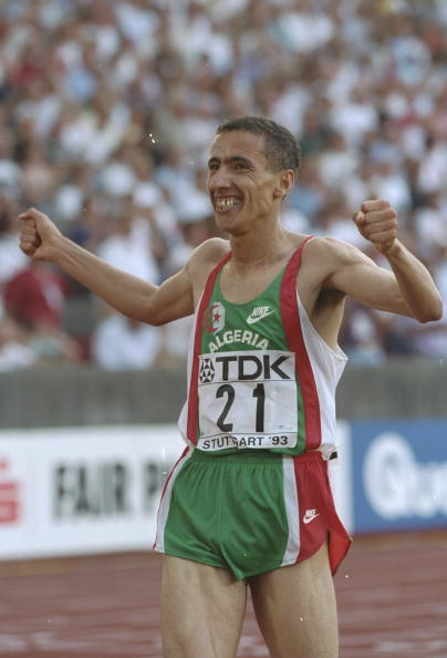 Noureddine Morceli of Algeria, pictured after winning the 1993 world 1500m title, set the world mile record of 3min 44.39sec later that year. On the 40th anniversary of Bannister's Four Minute Mile, another former world mile record holder, Peter Snell of New Zealand, said the thought Morceli had taken the record as far as it could go ©Getty Images