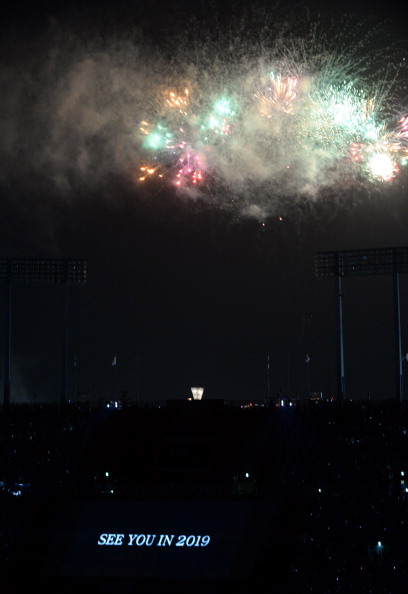 A firework display over the National Stadium reminded everyone when it is due to be reopened ©AFP/Getty Images