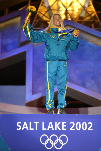 Alisa Camplin celebrates winning the Olympic gold medal in the aerials at Salt Lake City 2002 ©Getty Images