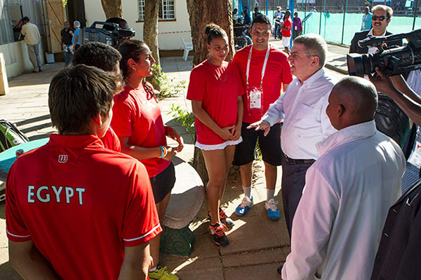 IOC President Thomas Bach met Egyptian competitors taking part in the 2nd African Youth Games at the Athletes Village in Gaborone ©Getty Images